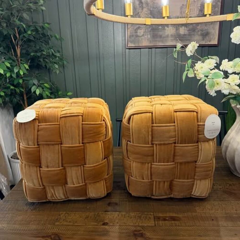 Set 2 Threshold Gold Velvet Square Woven Pouf Ottomans NEW Rare